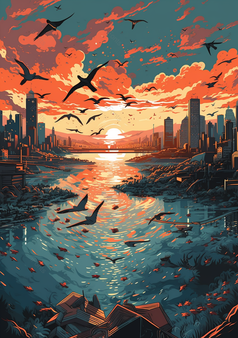 国潮风日出日落太阳光照射在湖面湖边的城市飞鸟飞起,插画/手绘图,插画/手绘图库,插画/手绘图下载,插画/手绘